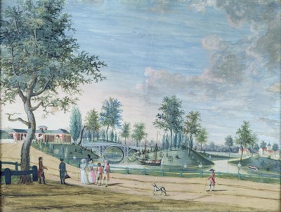 Spoorbrug, Parc du Raincy (de hertog en hertogin van Chartres op weg naar de Orangerie) door Louis Carrogis dit Carmontelle